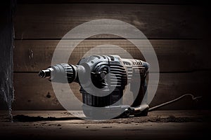 AI generated illustration of an electric drill on a wooden table