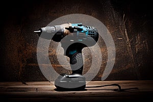 AI generated illustration of an electric drill on a wooden table