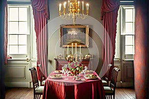 AI generated illustration of an elegant, sophisticated dining room, featuring red velvet drapes