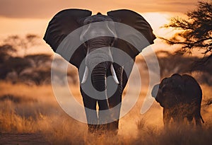 AI-generated illustration of An elephant with a baby elephant in a meadow during sunset
