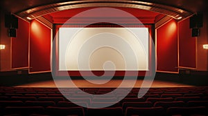 AI-generated illustration of an empty cinema theater featuring a projector screen in the center