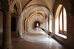 AI generated illustration of an empty hallway of a historic building with big windows and columns