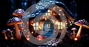AI generated illustration of an enchanted woodland house adorned with festive lights