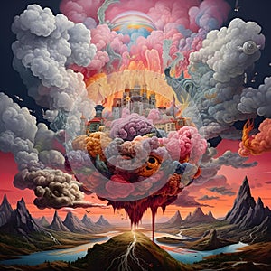 AI generated illustration of an ethereal landscape featuring a majestic castle in the clouds