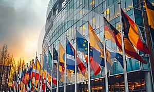 AI generated illustration of European flags in front of a building at dusk