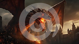 AI generated illustration of an evil dragon terrorizing a village