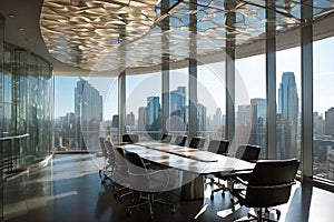 AI-generated illustration of an executive boardroom with modern furniture and bright natural light