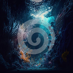 AI generated illustration of an exhilarating underwater view of a sea cave