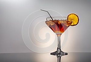 AI-generated illustration of an exotic cocktail on a plain greyish background.