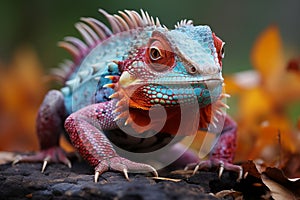 AI generated illustration of an exotically colored lizard perched atop a rock