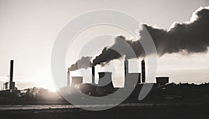 AI-generated illustration of a factory at sunrise, with smoke billowing from industrial chimneys