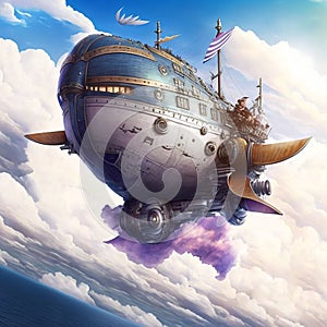 AI-generated illustration of a fantasy airship in a cloudy sky