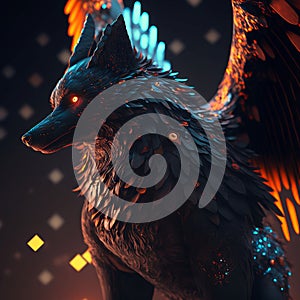 AI generated illustration of a fantasy black wolf with wings and glowing red eyes