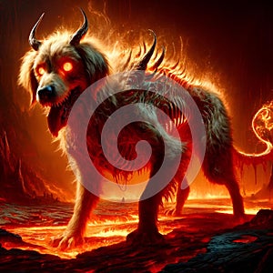 AI generated illustration of a fantasy creature dog with glowing eyes and large horns