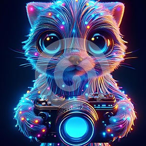 AI generated illustration of a feline with blue eyes holding a camera