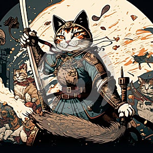 AI generated illustration of a feline in a medieval costume with a sword drawn