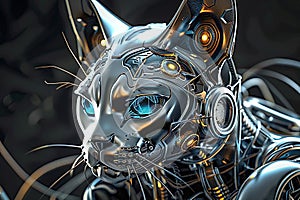 AI generated illustration of a feline robot resembling a human figure with a singular eye