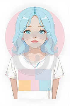 AI generated illustration of a female with blue hair and green eyes wearing a white shirt