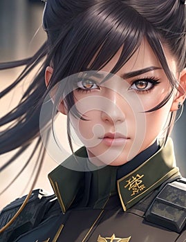 AI generated illustration of female character wearing military gear and with her hair pulled up
