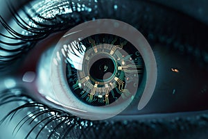 AI generated illustration of a female eye, featuring an image in the center of the iris