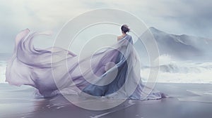 AI generated illustration of a female in long purple dress standing in a stormy beach