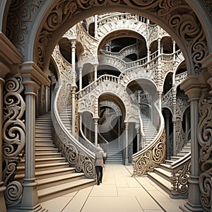 AI generated illustration of a female standing near a staircase surrounded by an ornate archway