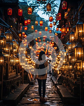 AI generated illustration of a female standing in an urban alleyway illuminated by hanging lanterns