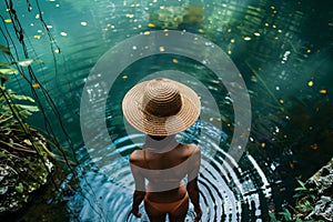 AI generated illustration of a female in straw hat standing in water
