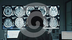 AI generated illustration of a female surgeon examining MRI scans in a hospital operating room
