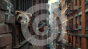 AI generated illustration of a ferret peeking out of window bars of a building in a city