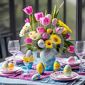 AI generated illustration of a festive Easter table decoration with colored eggs and flowers