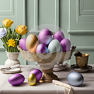 AI generated illustration of a festive Easter table decoration with colored eggs and flowers