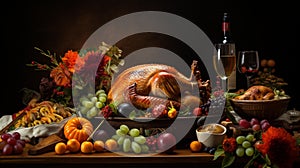 AI generated illustration of a festive Thanksgiving dinner with a roasted turkey