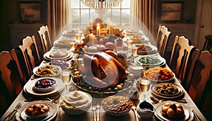 AI generated illustration of A festive Thanksgiving dinner spread on a large table