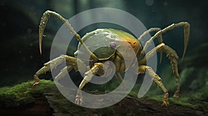 AI generated illustration of a fictional acari spider on a moss-covered tree trunk photo