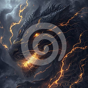 AI generated illustration of a fierce dragon head amidst lightning, surrounded by clouds