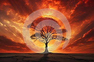 AI generated illustration of a fiery sunset behind a lone tree