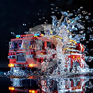 AI generated illustration of a fire engine toy splashed in water