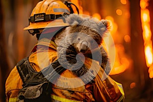 AI generated illustration of a firefighter saving a koala bear on a bush fire