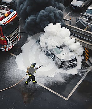 AI generated illustration of firemen extinguishing flames in a car