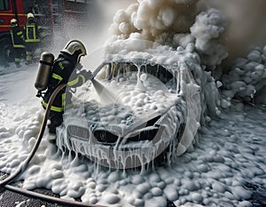 AI generated illustration of firemen extinguishing flames in a car