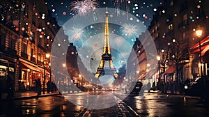 AI generated illustration of fireworks, the Eiffel Tower is visible amidst the wet streets of Paris