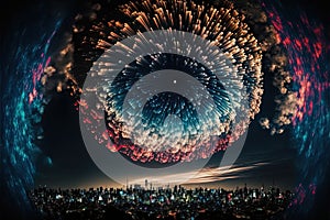 Ai generated illustration of fireworks over Tokyo city