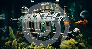 AI generated illustration of fish swimming around a steam engine in a tank