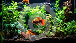 AI generated illustration of a fish tank filled with different species of fish and aquatic plants