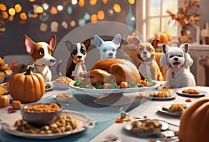 AI generated illustration of five different breeds of dogs atop a festive Thanksgiving dinner table