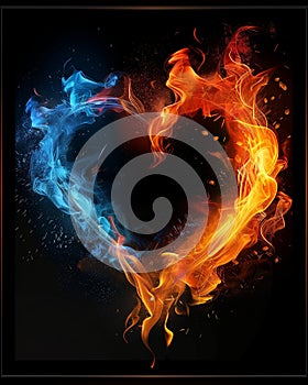 AI generated illustration of a flaming heart surrounded by fire on black backdrop