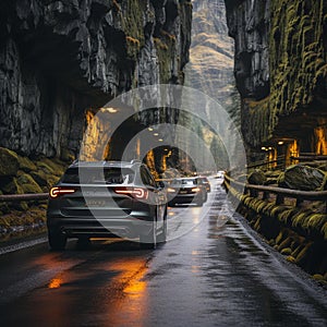 cars traveling along a mountain road in the rain in a dark, open canyon