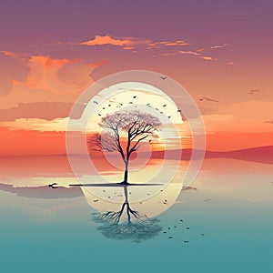 AI generated illustration of flock of birds flying above a lone tree on an isle in the sea at sunset