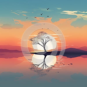 AI generated illustration of flock of birds flying above a lone tree on an isle in the sea at sunset